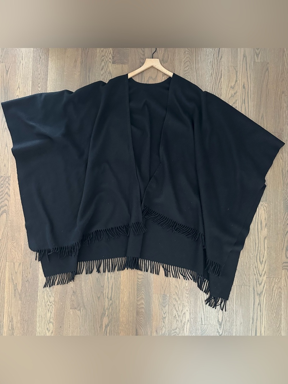 Vintage Saks Fifth Avenue 100% Wool Oversized Fringed Cape Shawl/Poncho Black